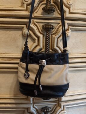 Brighton Black and Cream Leather Drawstring Crossbody